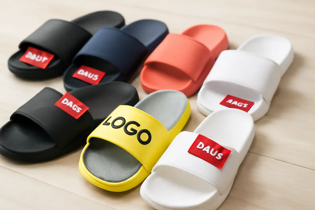 Kleurige badslippers met sale-label — badslippers sale aanbieding