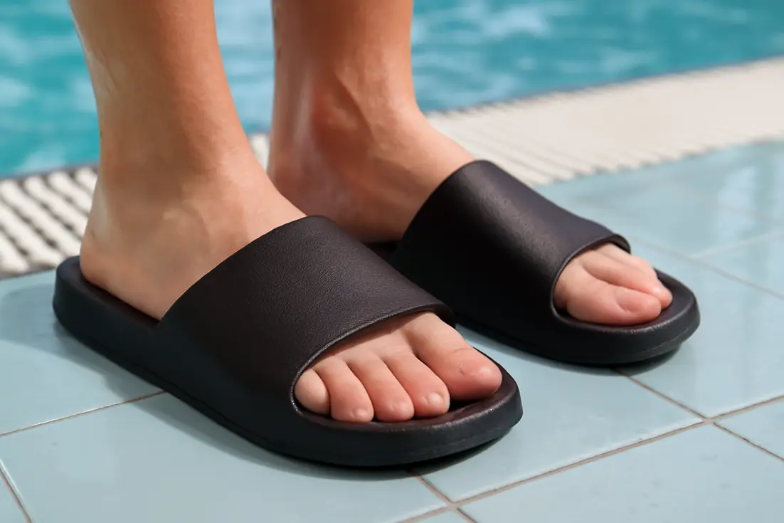 paar badslippers op houten vloer, zacht en antislip