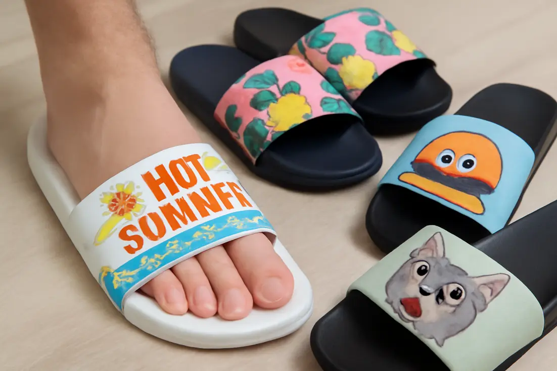 Kleurrijke foute badslippers met opvallende print