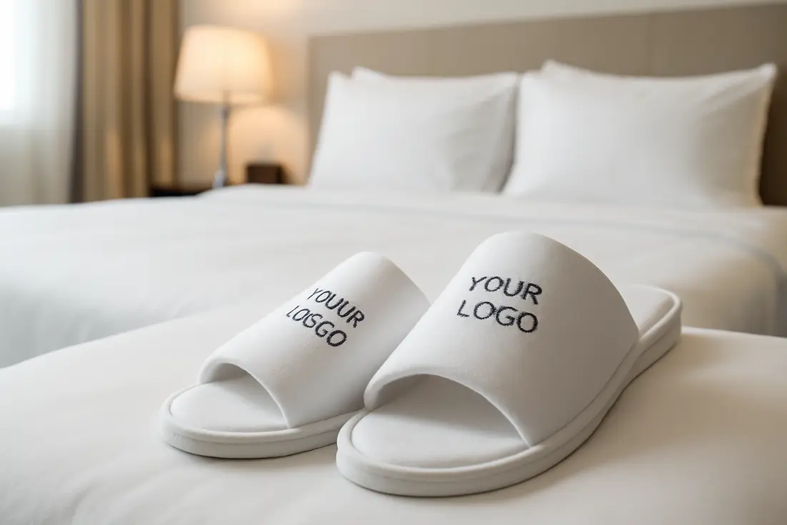 Hotel slippers bedrukken: bedrukte witte slippers met logo