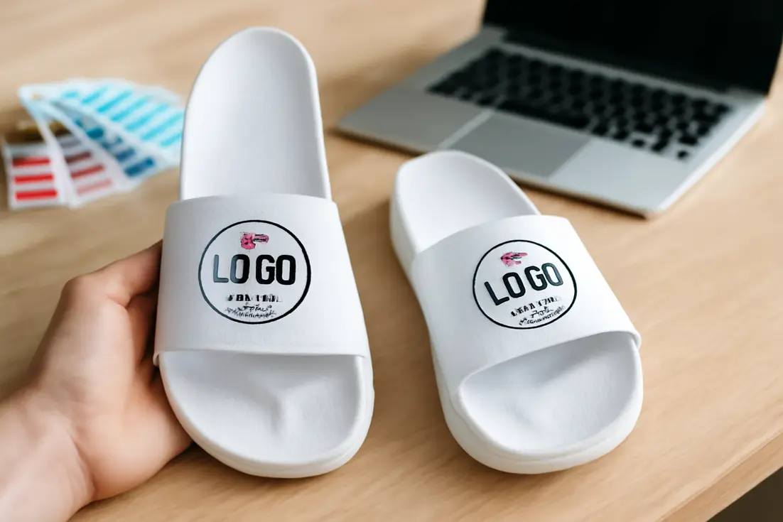 Witte slippers bedrukken met kleurrijk logo en patroon